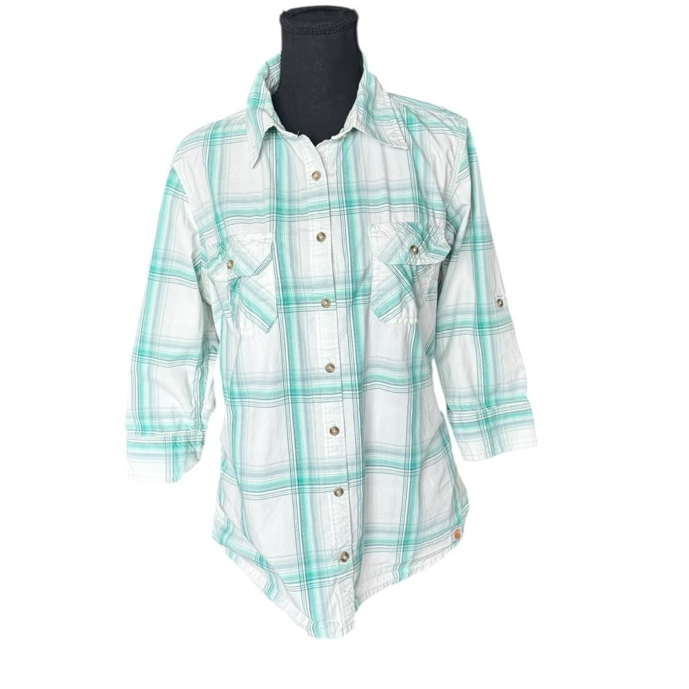 Carhartt Plaid Button Down Shirt L 12/14 Mint Green Cotton Stretch Workwear X36